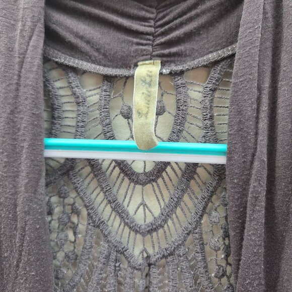 Lucie Lu Crochet Detail Open Front Waterfall Jersey Knit Cardigan Tie Dye Brown - Picture 5 of 12